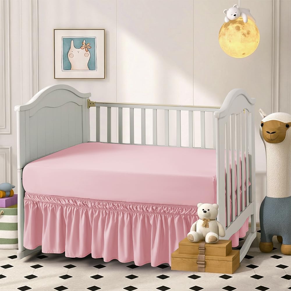 2 Piece Crib Bed Skirt Fitted Sheet,Light Pink,Girl,Baby,Toddler