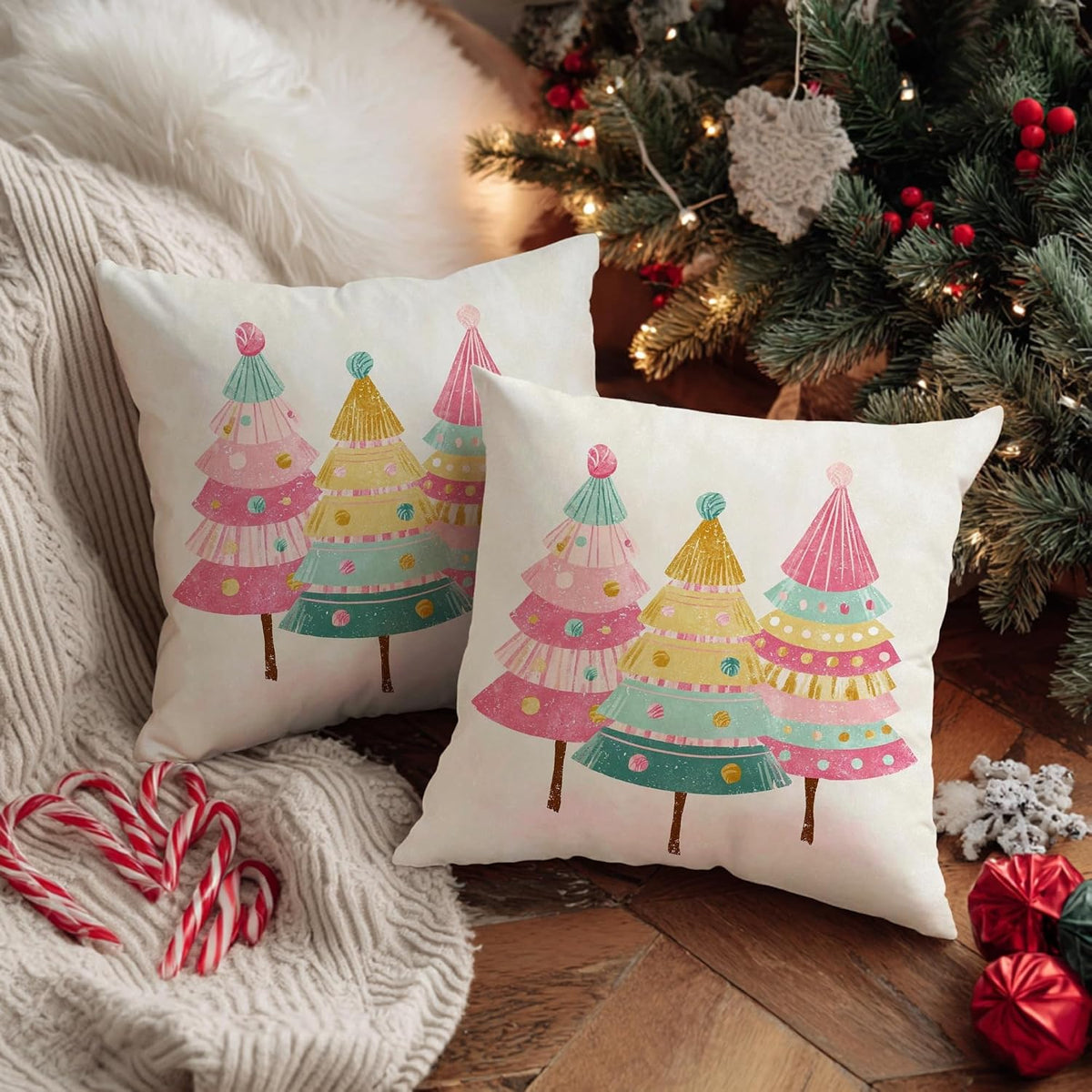 Christmas Tree Throw Pillow Covers Set of 2, Festive Fanciful Candy Ornament Xmas Peach Soft Velvet Washable Couch Pillow Covers for Living Room Bedroom Loft Office Car Decor 12x12 Inch
