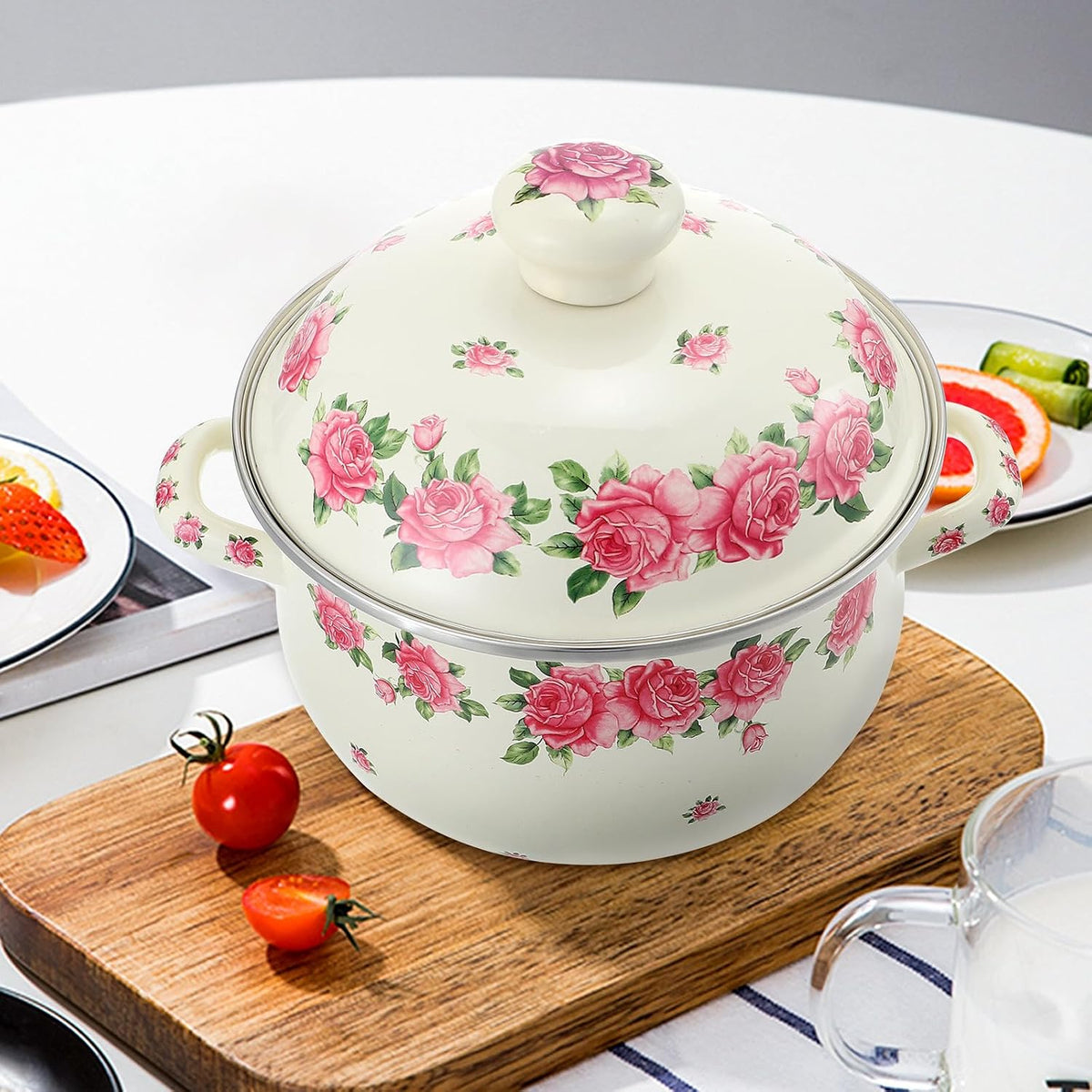 Enamel Stock Pot with Lid 20cm Pink Rose Pattern Double Handle Thickened Stew Pot for Stove Top Cooking