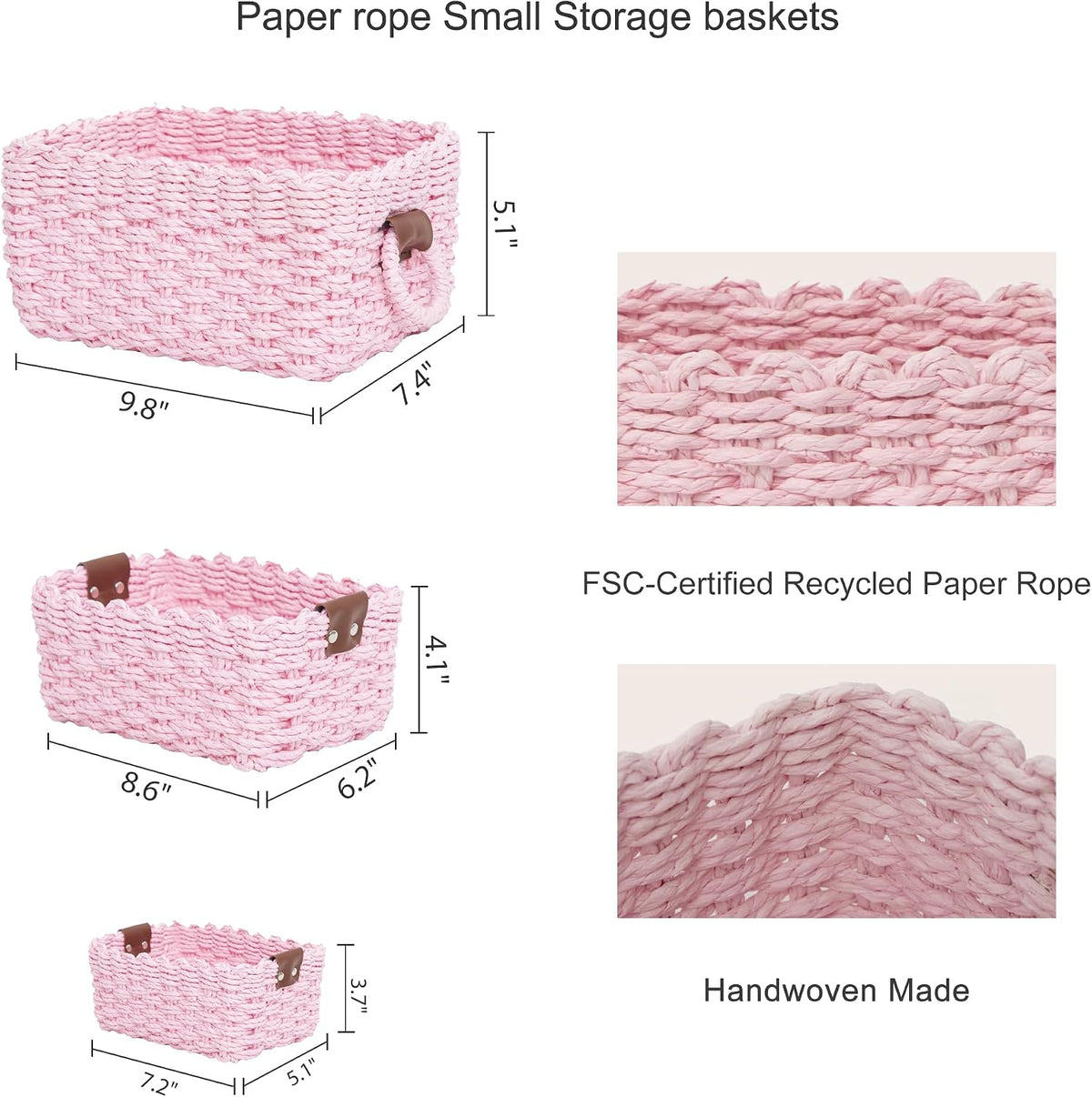 Woven Paper Rope Wicker Basket for Organizing(Set of 3,Pink)