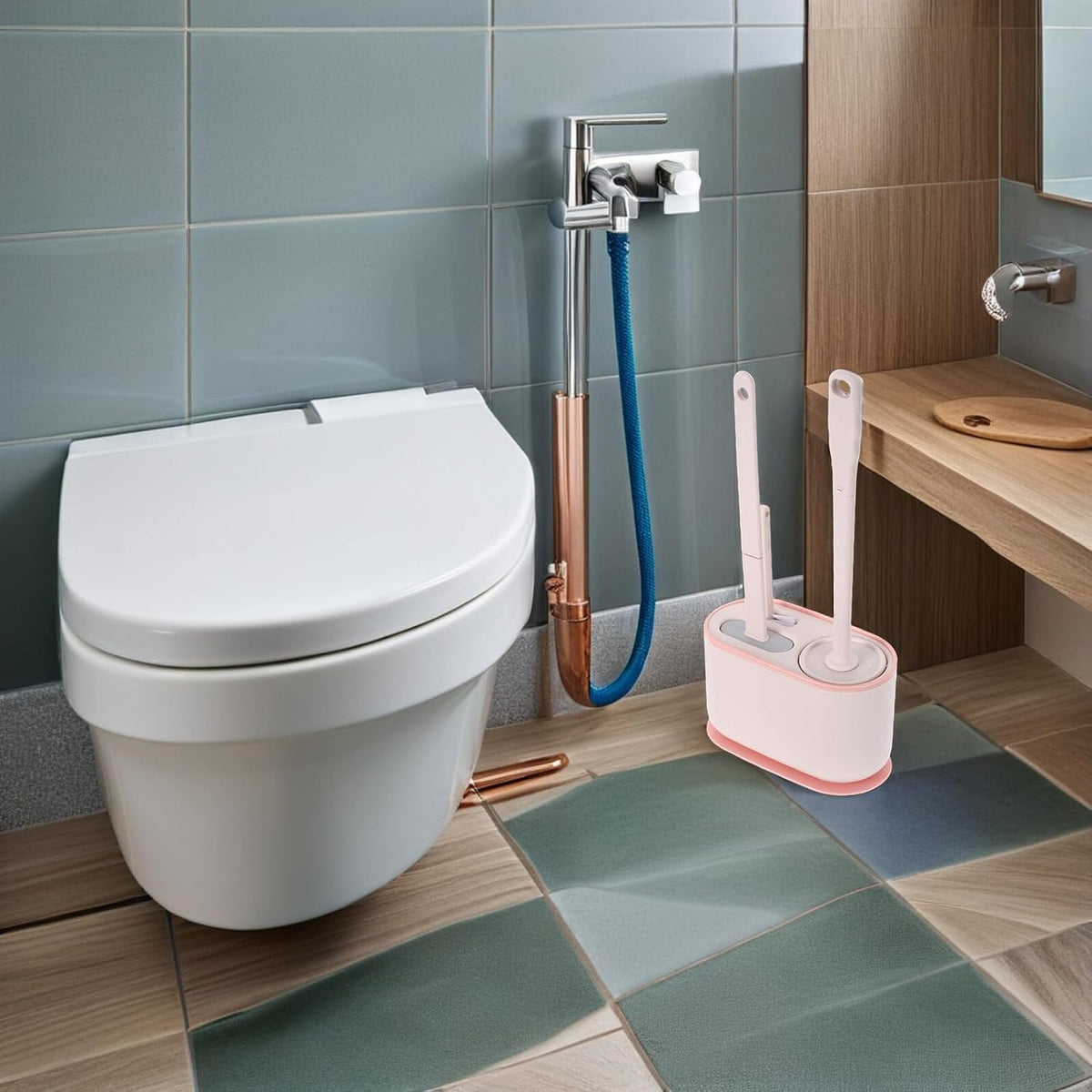 Wall Mounted Toilet Brush Set Long Handle Plastic Pink