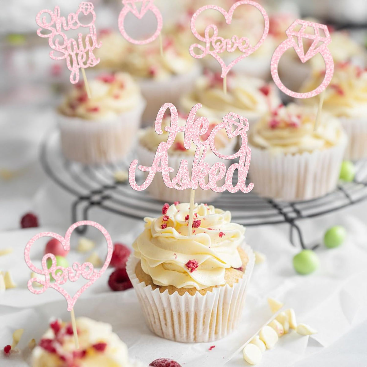 24 Pack He Asked She Said Yes Cupcake Toppers Light Pink Glitter Heart Ring Cupcake Picks Wedding Engagement Bridal Shower Party Cake Decorations Supplies