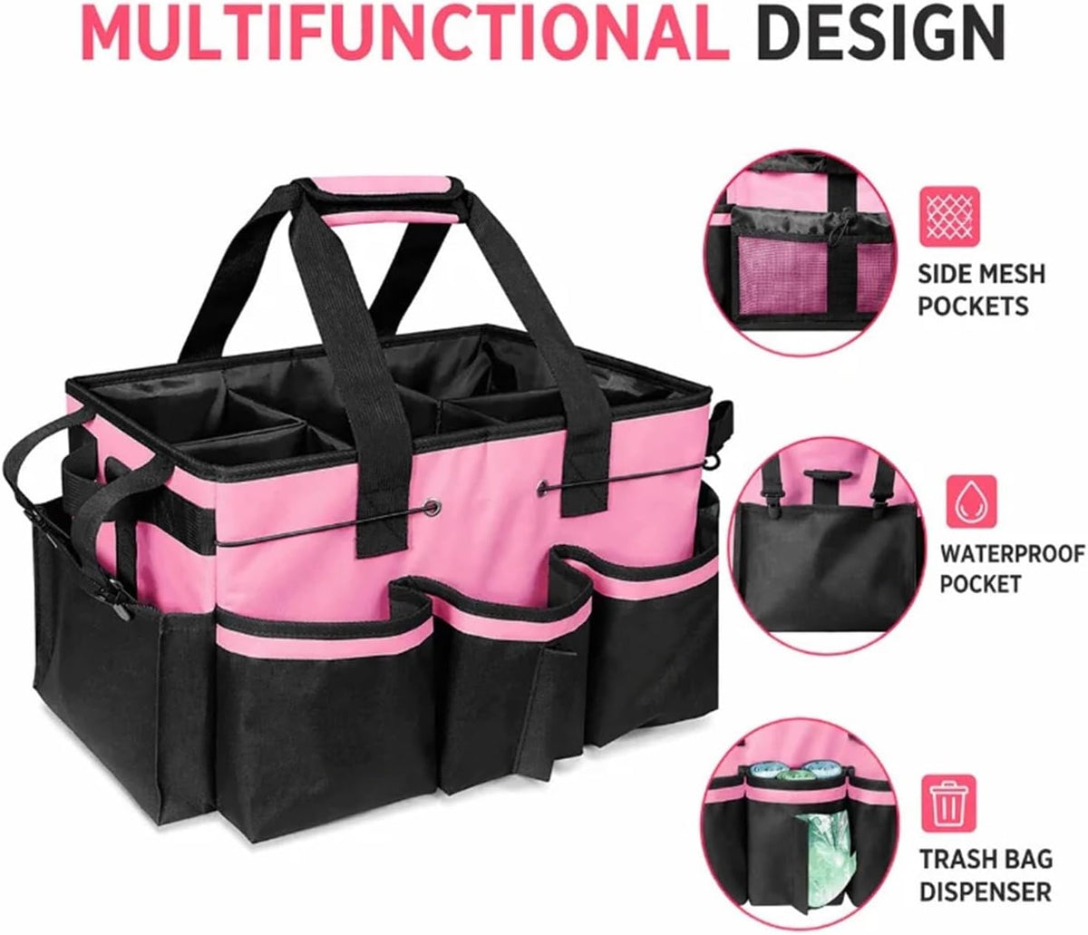 Portable Multi Cleaning Tool Bag Caddy Organizer With Waterproof Pocket Mesh Pockets Trash Holder For Home Car Supplies Storage(Pink)