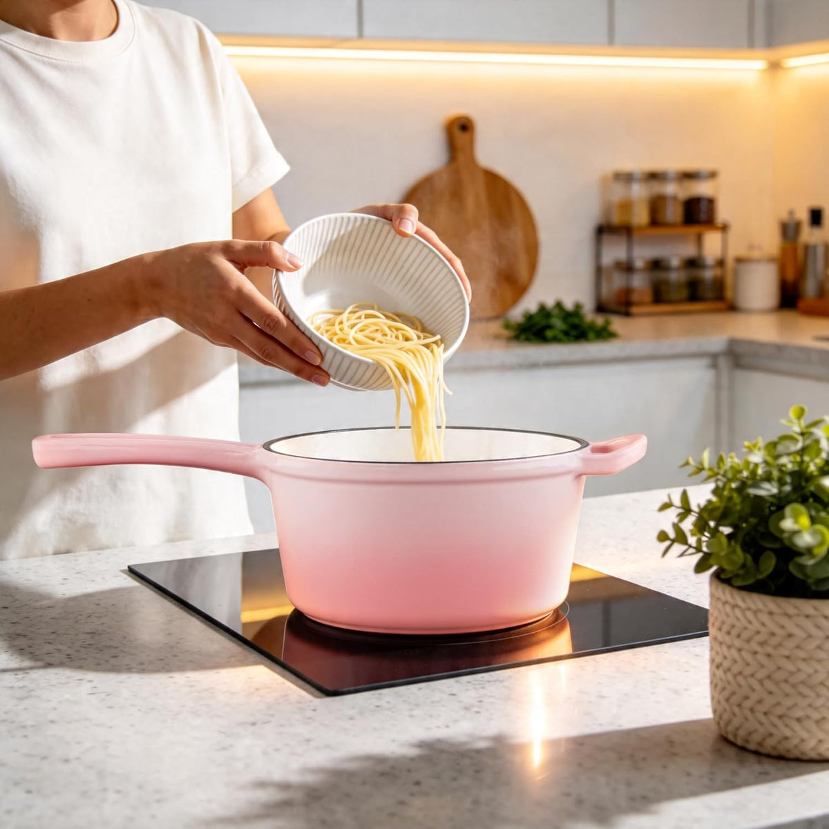 2 Quart Enameled Cast Iron Sauce Pan, Cookware Cooking Pots, Pink