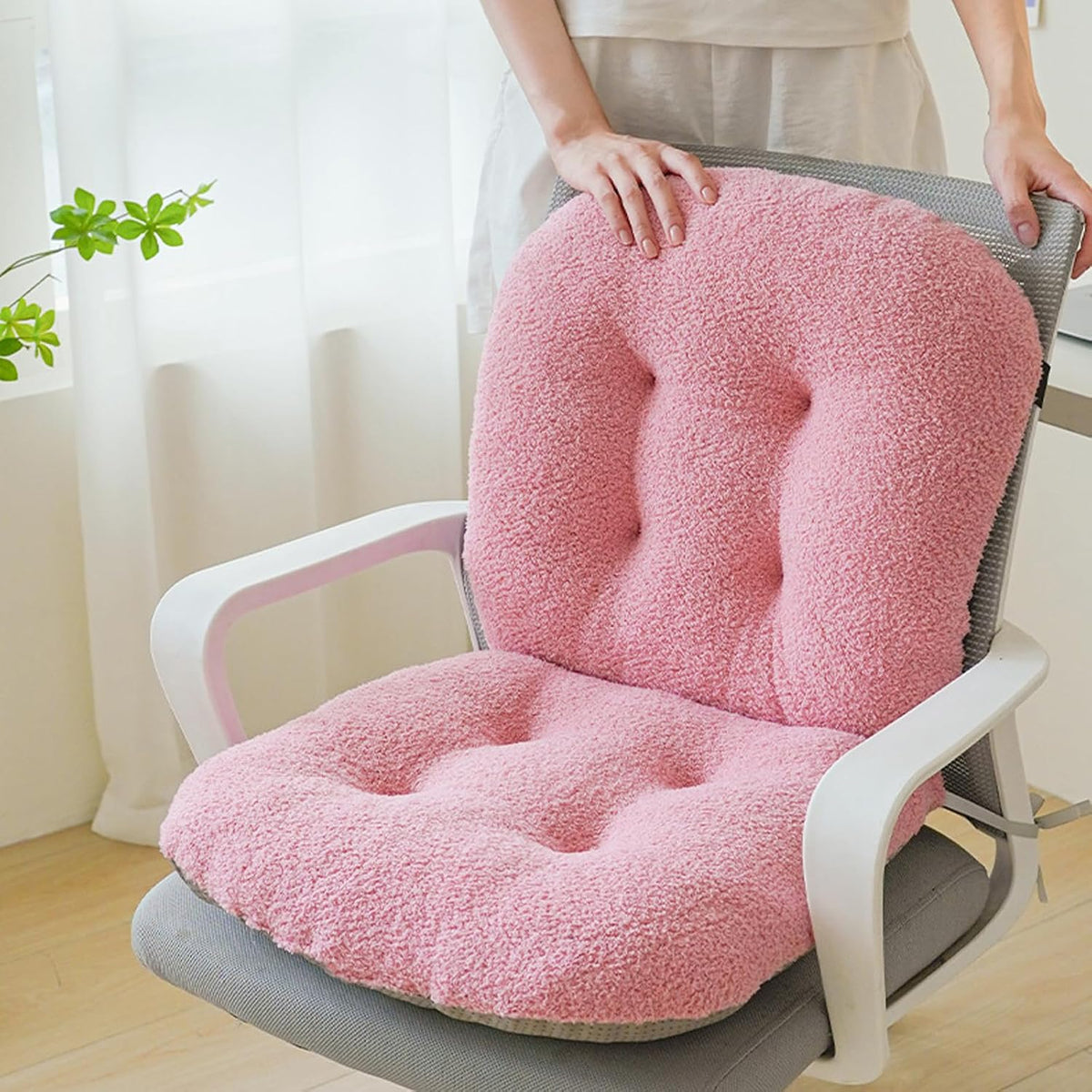 Pink Chair Cushion Non-Slip Desk Chair Cushions with Back Support Soft Plush Office Seat Pad with Ties Rocking Chairs Cushion for Office Car Home Dining Room Kitchen