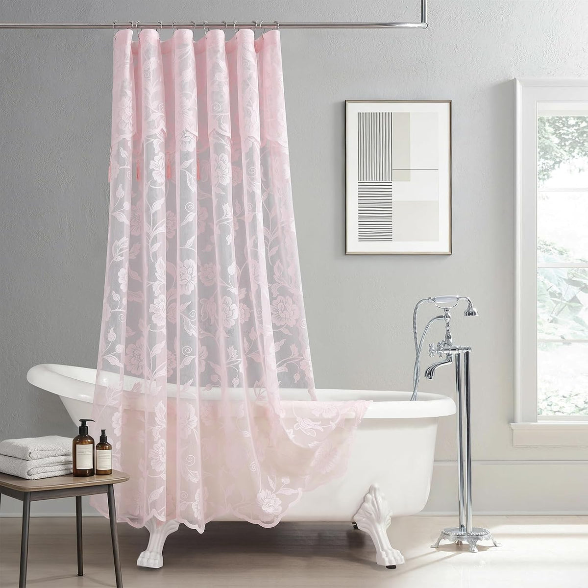 Pink Lace Shower Curtain with Tassels,Luxury Floral Sheer Romantic Bath Curtains for The Bathroom,72" W x 72" H