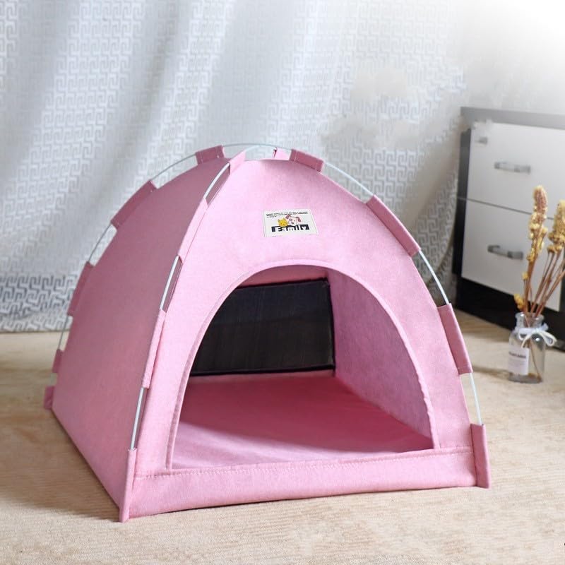 Foldable Pet House Tent Indoor Cat Dog Cave Bed Teepee Hideout for Cats and Small Dogs (Small, Linen Fabric-Pink)