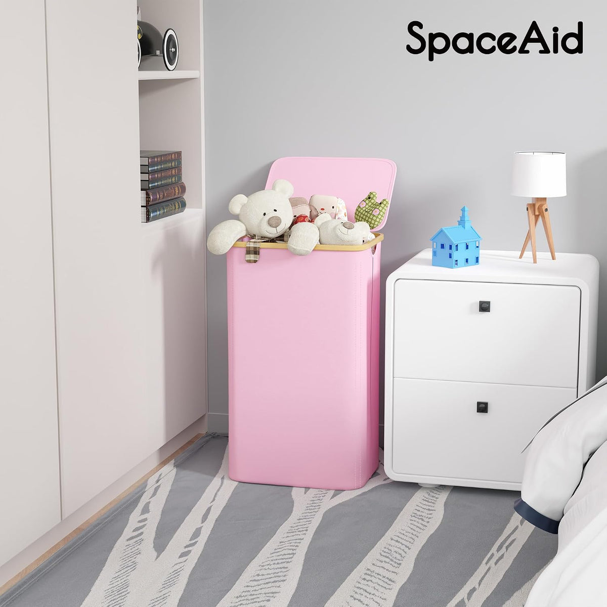 Laundry Hamper with Lid, 110L Large Tall Clothes Basket Bin with Bamboo Handles, Collapsible Laundry Hamper for Bedroom, Bathroom, Dorm, Laundry Room - Pink