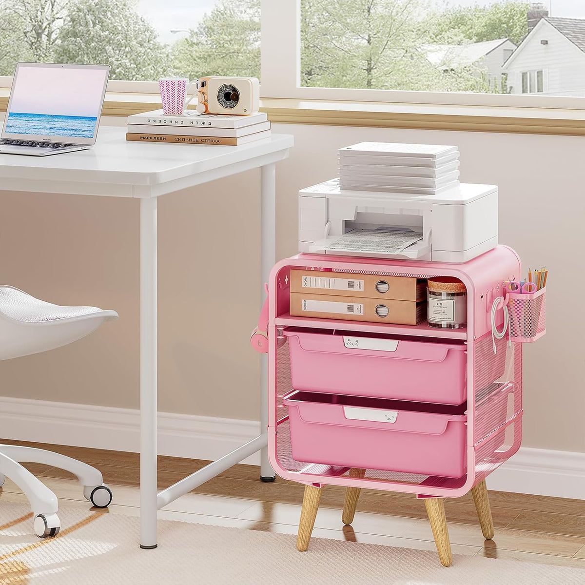 Pink Nightstand, Cute End Table with Storage Drawer