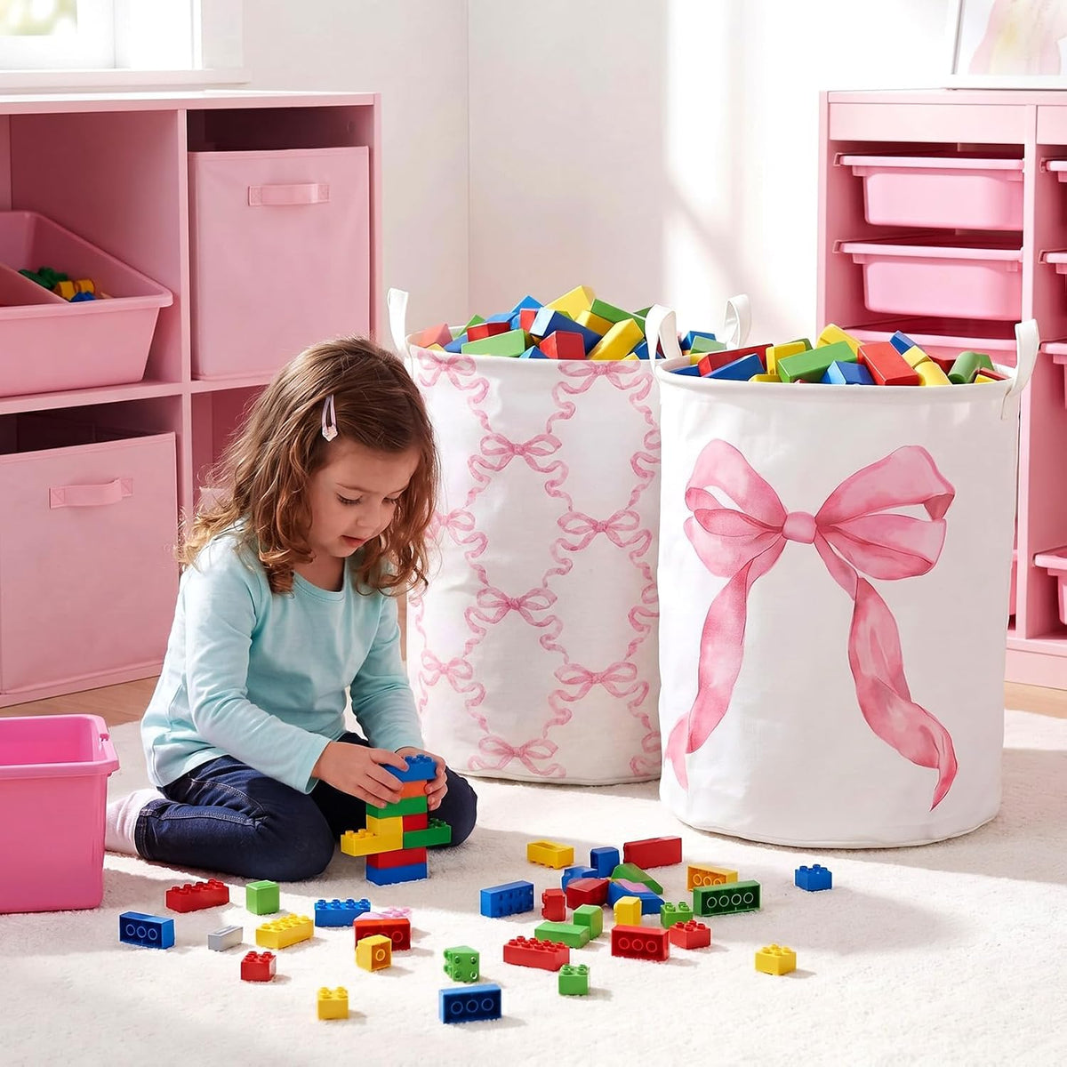 2 Pcs Pink Bow Laundry Hamper Basket Large 19.7x14.6 Inch Round Collapsible Bow Toy Storage Organizer Bin with Waterproof Layer for Closet Bedroom Playroom Nursery Toy Dirty Cloth