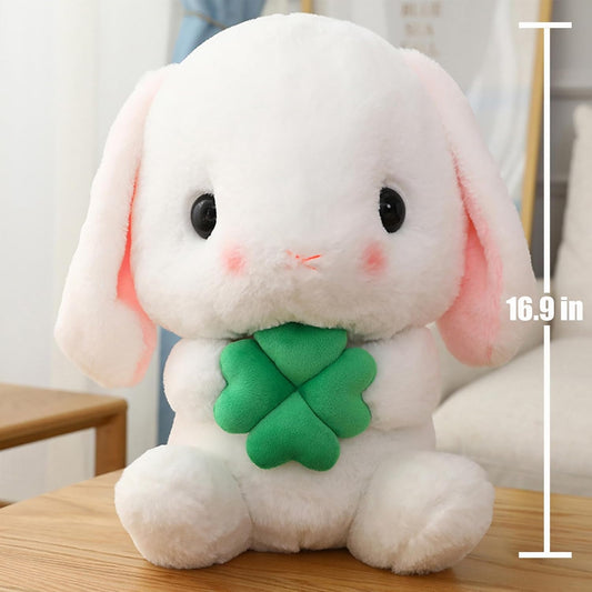 Soft Toy - Sitting Lop Eared Rabbit, Easter White Rabbit Stuffed Bunny Animal with Carrot Soft Lovely Realistic Long-Eared Standing Pink Plush Toys (White-Four Leaf,16.9in/43cm)