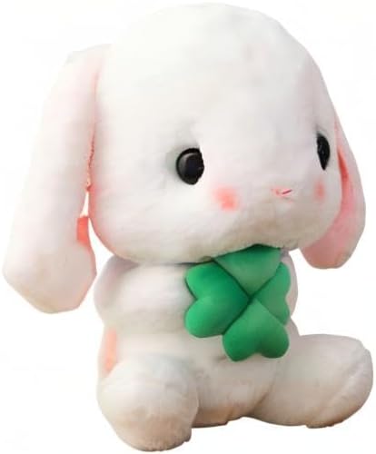 Soft Toy - Sitting Lop Eared Rabbit, Easter White Rabbit Stuffed Bunny Animal with Carrot Soft Lovely Realistic Long-Eared Standing Pink Plush Toys (White-Four Leaf,16.9in/43cm)