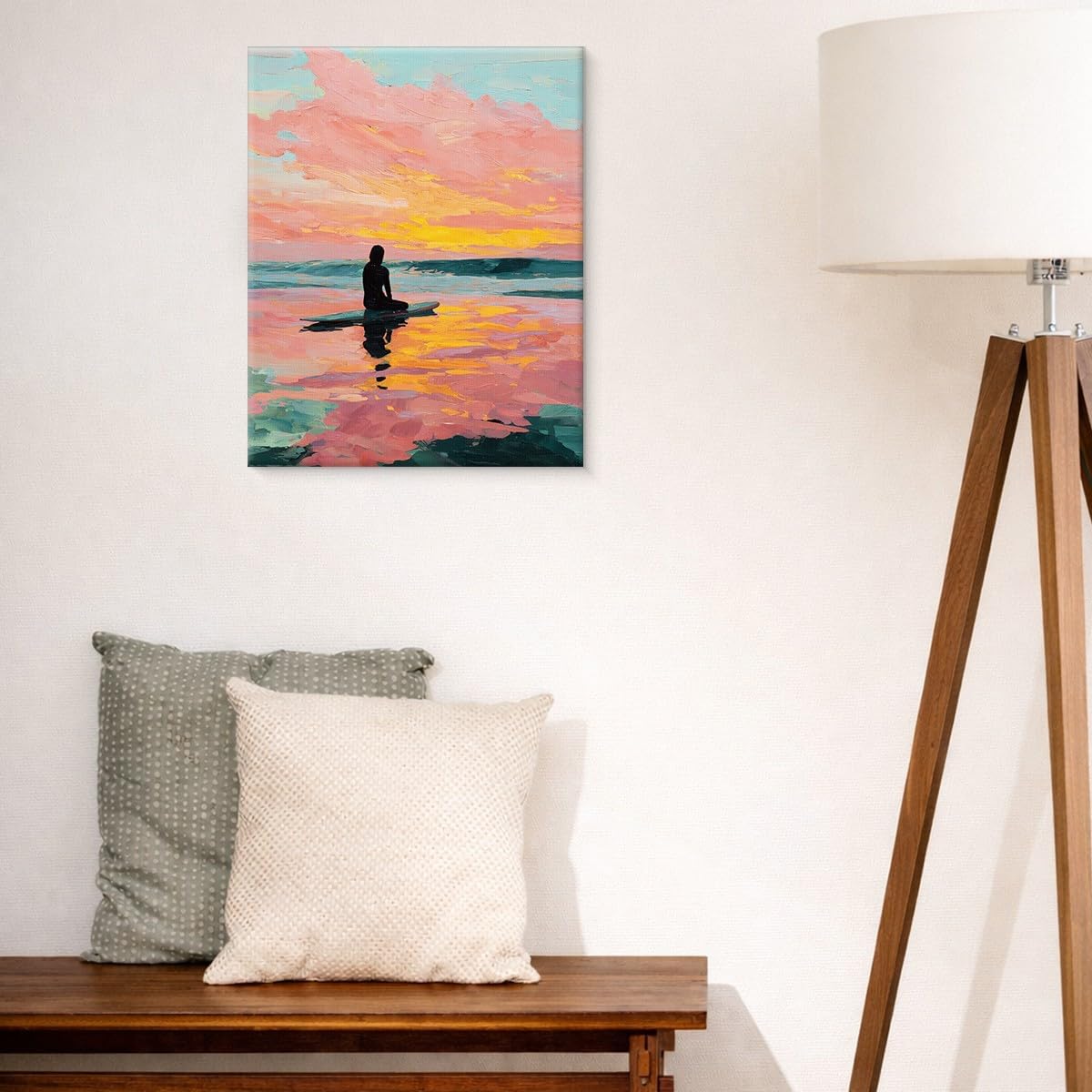 Pink Coastal Sunset Wall Art Pastel Beach Surfer Ocean Canvas Print Framed