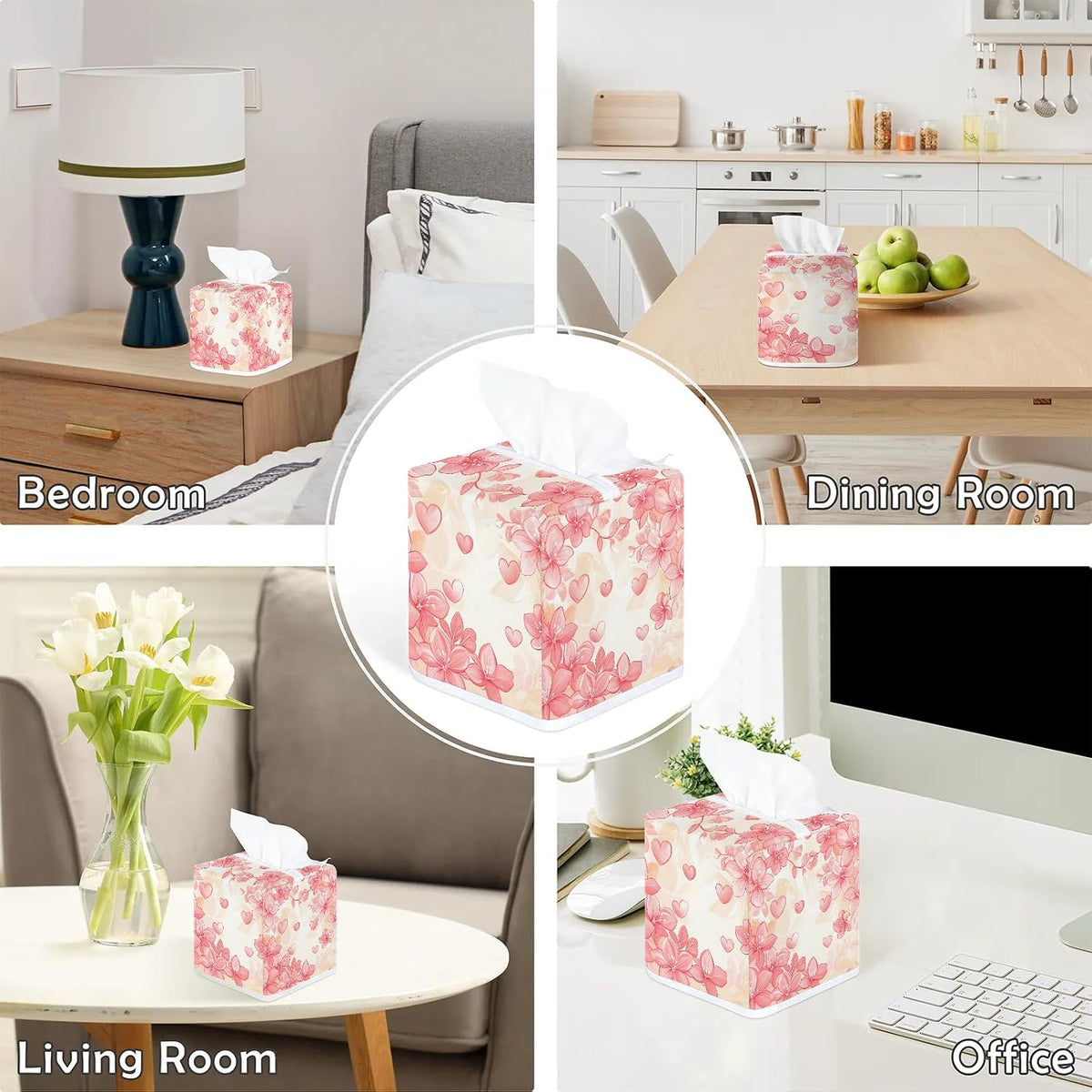 Flower Tissue Box Cover, Pink Peach Blossom Square Fabric Tissue Box Holder, Reusable Toilet Paper Dispenser for Bathroom Home Car Nightstand Storage Organizer 5" x 5" x 5.5"