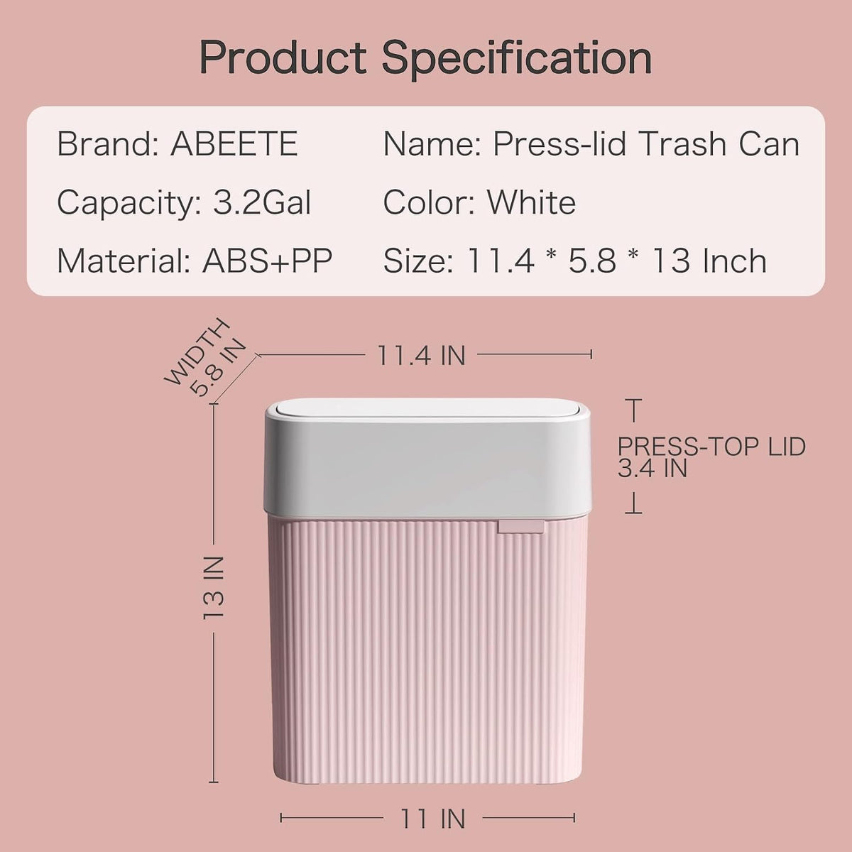 Bathroom Trash Can with Lid, 12L Small Plastic Garbage Can for Kitchen with Press Top Lid, 3.2 Gallon Slim Dog Proof Wastebasket Trash Bin for Office, Bedroom, Living Room, Home Cabinet-Pink