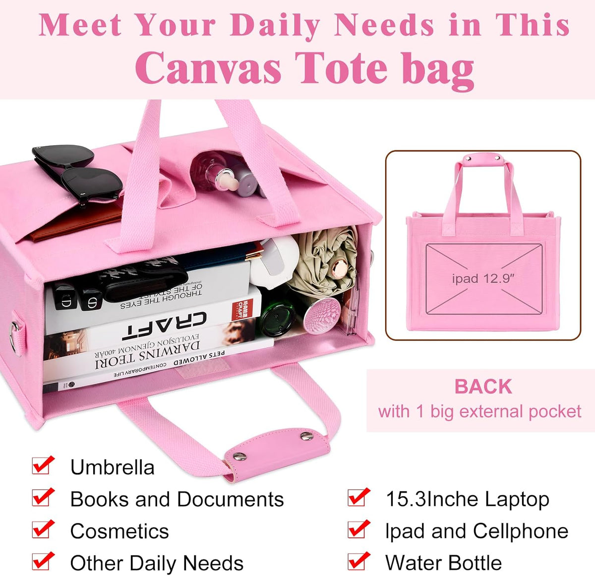 Tote Bag for Women, Canvas Tote Bag with Velcro Closure, Laptop Bag