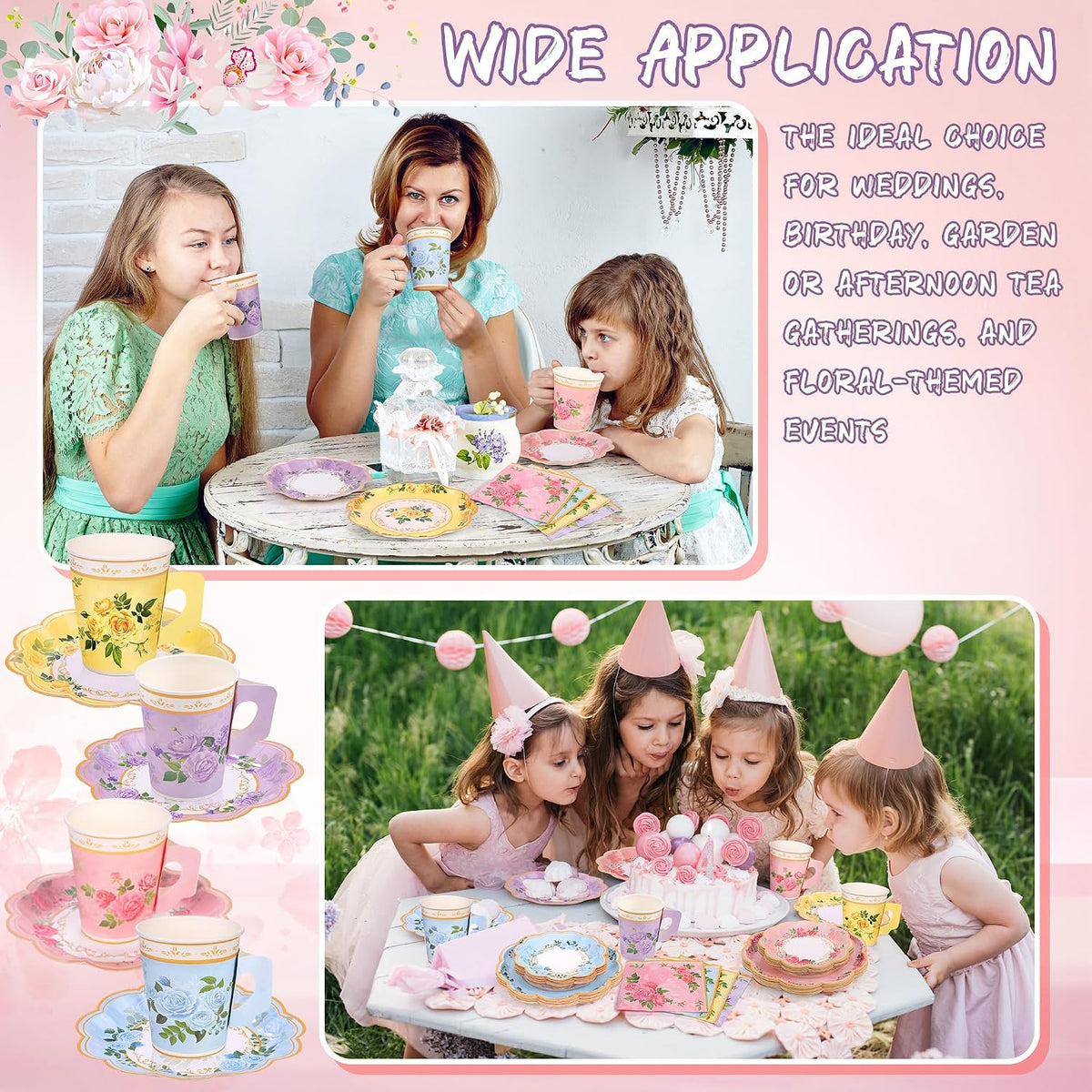 96 Piece Floral Paper Tea Cups and Saucers 9 Oz Teacup with Handle 9 Inch and 7 Inch Paper Plate Napkin Disposable Tea Party Supplies Serve 24 for Wedding Birthday, Pink, Blue, Yellow, Purple