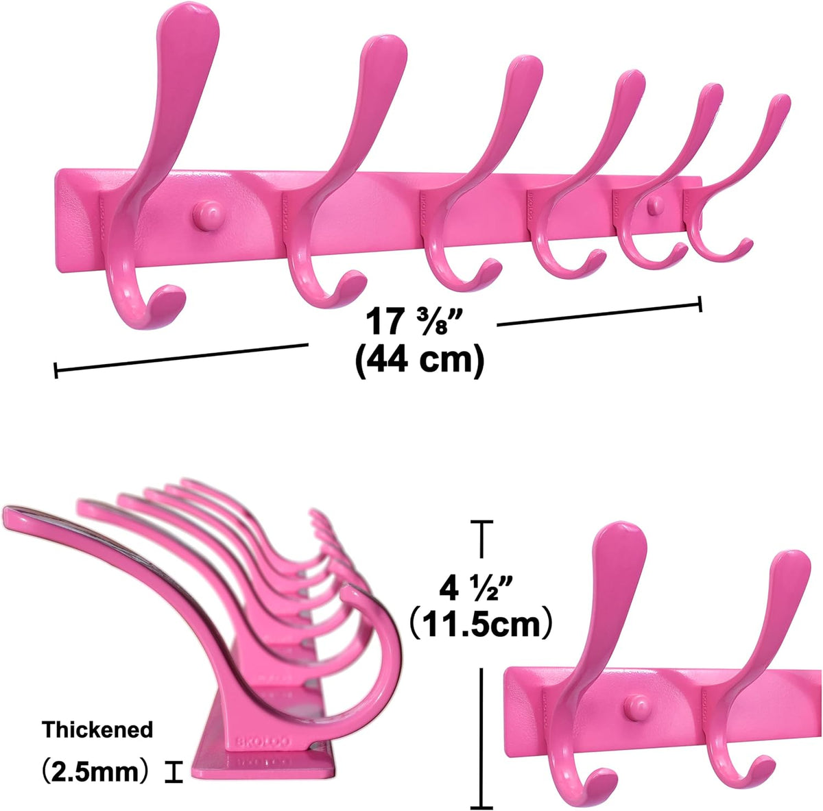 Wall Mounted Coat Rack - 6 Hooks, Pack of 2, Heavy Duty, Stainless Steel, Metal Wall Hanger, Sturdy Coat Hooks for Hanging Coats, Jackets, Clothes, Hats - Pink