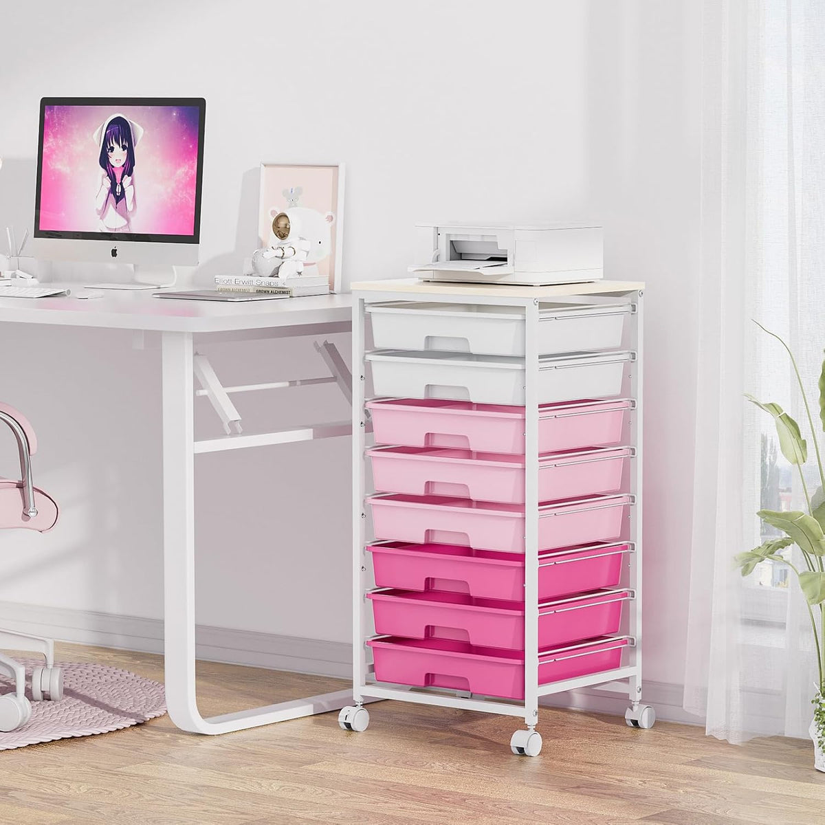 Rolling Cart with Drawers,Utility Cart with 8 Drawers,Rose Pink