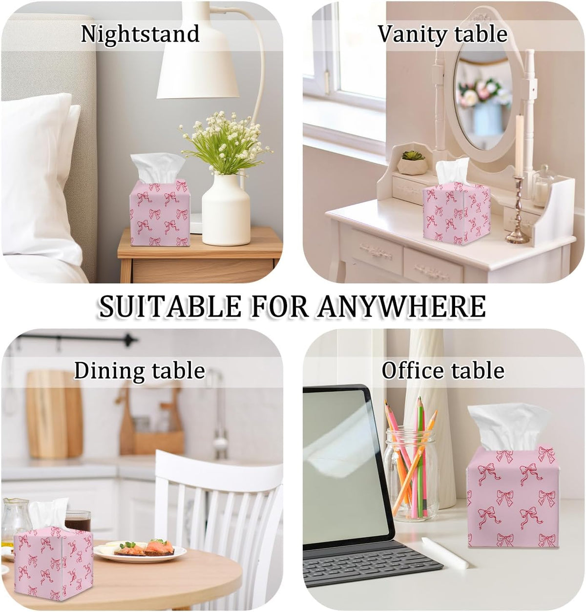 Pink Bow Tissue Box Cover Square, Coquette Cube Tissue Box Holder, Tabletop Decor Leather Facial Paper Organizer Dispenser for Bathroom Home Car Night Stand Living Room/23