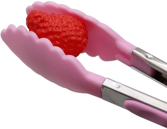 6 Piece 8-Inch Mini Serving Tongs for Cooking, Stainless Steel Locking Tong with Silicone Tips, Heat Resistant Grilling Barbeque Kitchen Food Tongs for Nonstick Cooking Pans (Pink)