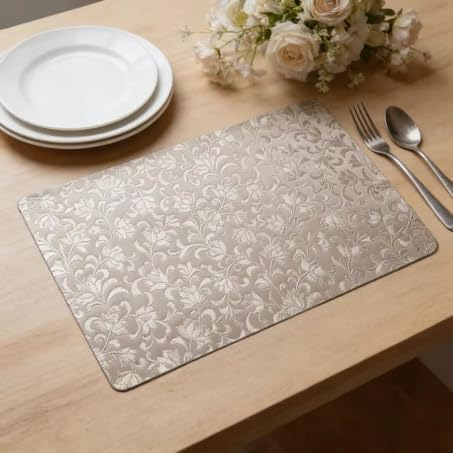 PBUH Placemats Set of 18 (6 placemats 6 Silk Fabric Napkin, 6 Golden Flower Metal Ring) (Pink)