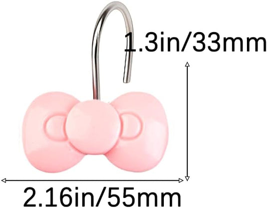 Pink Bow Shower Curtain Hooks Set of 12, Cute Resin Decorative Curtain Hooks for Bathroom, Easy to Install and Durable for Any Shower Curtain or Liner