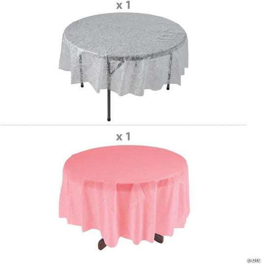 Fun Express White Lace-Printed & Light Pink Round Disposable Plastic Tablecloth Kit