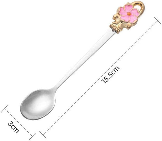 2pcs Set Spoon Fork Flower Printed Handle 304 Stainless Steel Teaspoons Dinner Spoon Stirring Forks Sugar Spoons for Coffee (Pink)