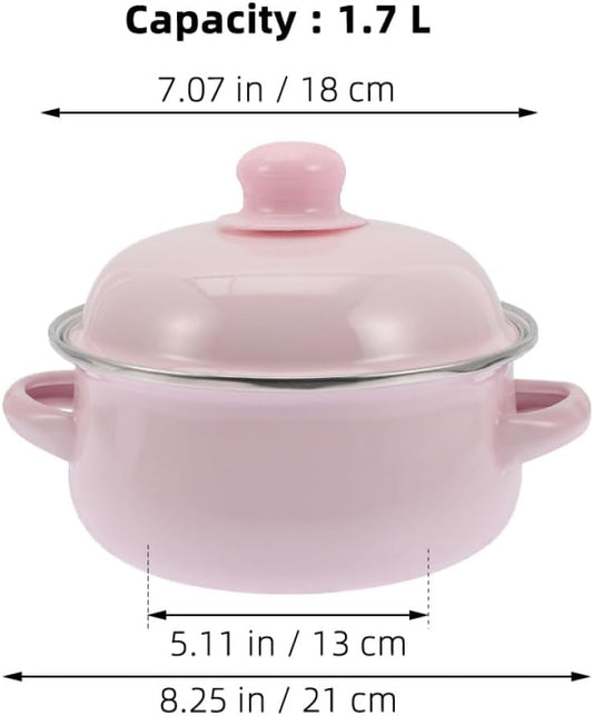 SOLUSTRE Enamel Stockpot with Lid 1.7l Thickened Traditional Nonstick Soup Pot Double Handles Retro Pink Cooking Pot for Stews and Soups Suitable for Stovetop Use