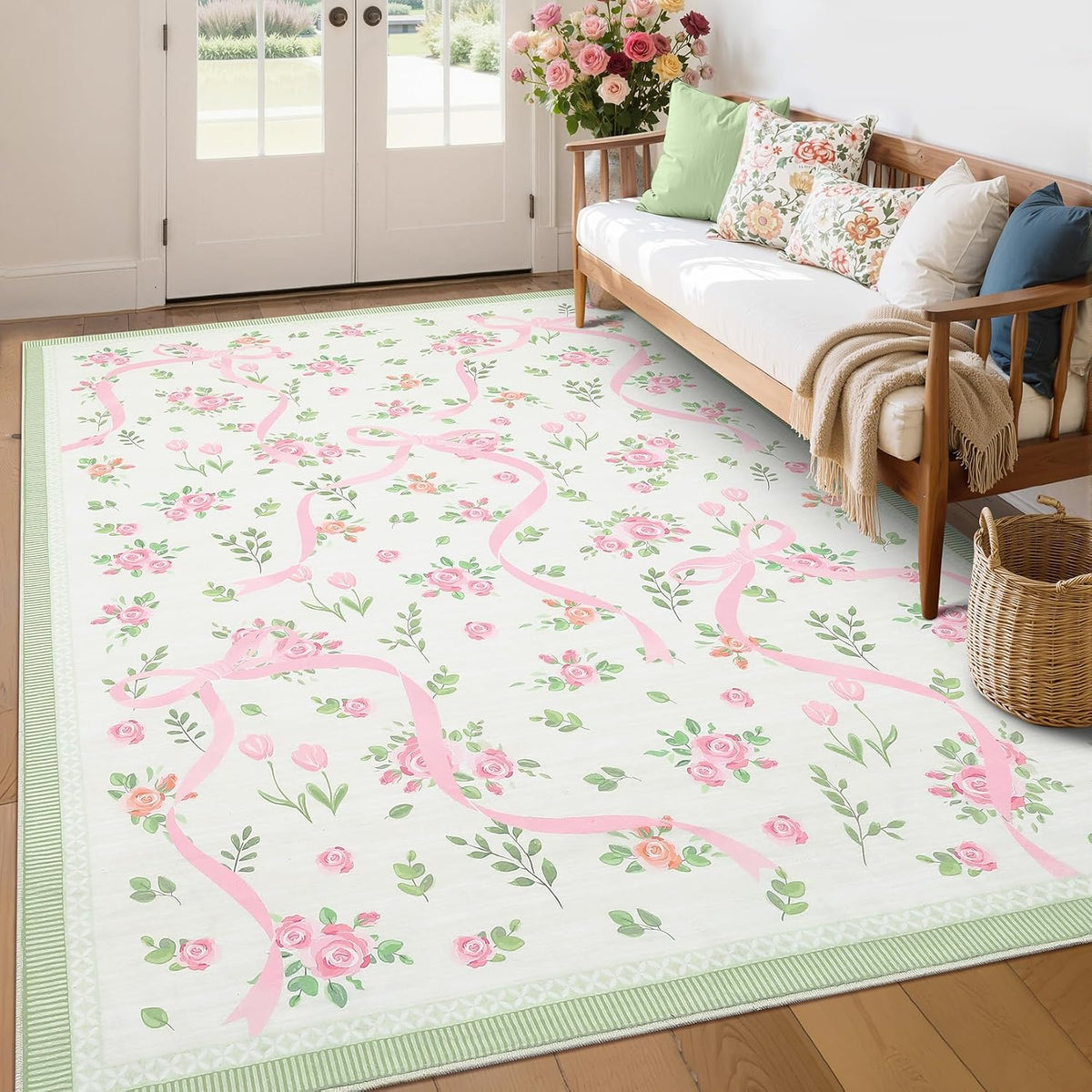 Pink and Green Rugs for Bedroom Girls, 5x7 Rug for Living Room