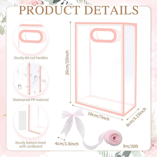 12 Pcs Clear Gift Bags with Handles 7.1"x10.2"x3.2" Plastic Party Favor Bag with Ribbon Reusable Goodie Bags Transparent Gift Wrap Bag Bulks for Valentine's Day Bridal Wedding Birthday (Pink)