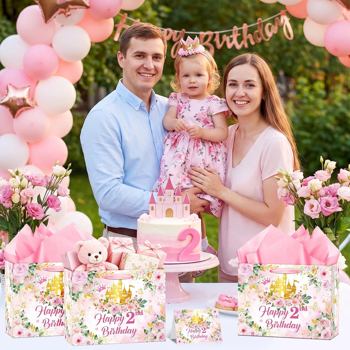 2nd Birthday Party Gift Bag for Girls Her Royal Pink Pastel Princess Castle Happy 2nd Birthday Party Decorations with Card & Wrapping Papers for Two Years Old Party Favors Supplies
