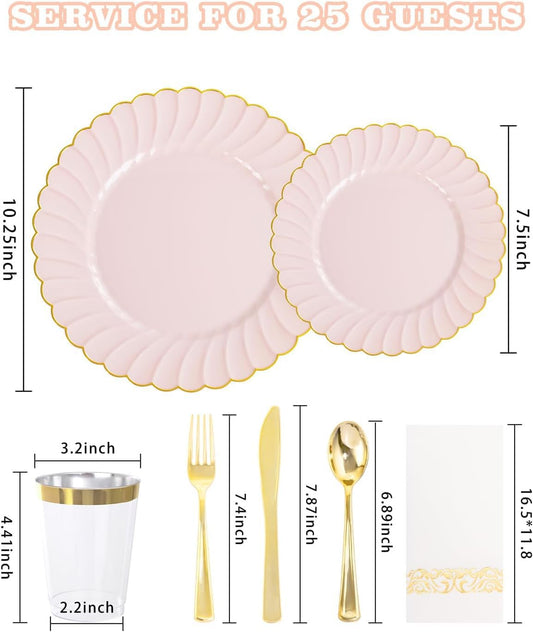 175PCS Pink Scalloped Plastic Plates for Party Wedding Baby Shower