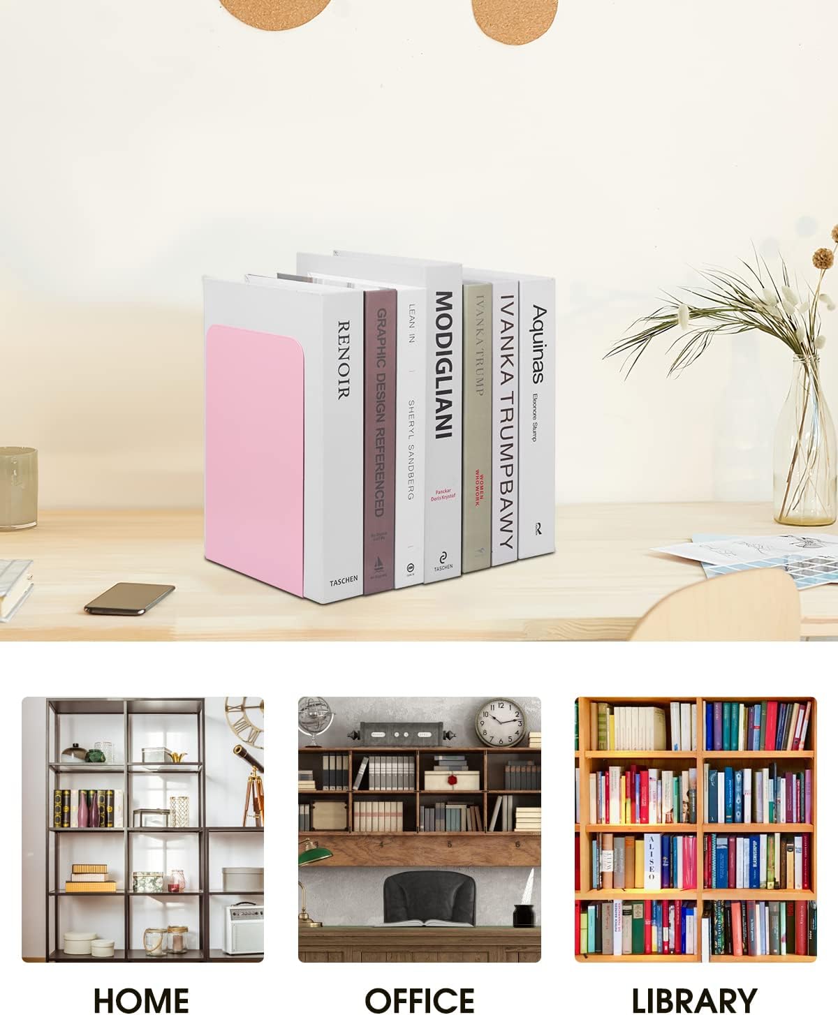 Book Ends, Bookends for Shelves, Home, Office, Metal Book Stopper for Books, Metal Bookend Supports, Modern Minimalist Style Decorative Bookend, Pink (4Pair/8Pcs)