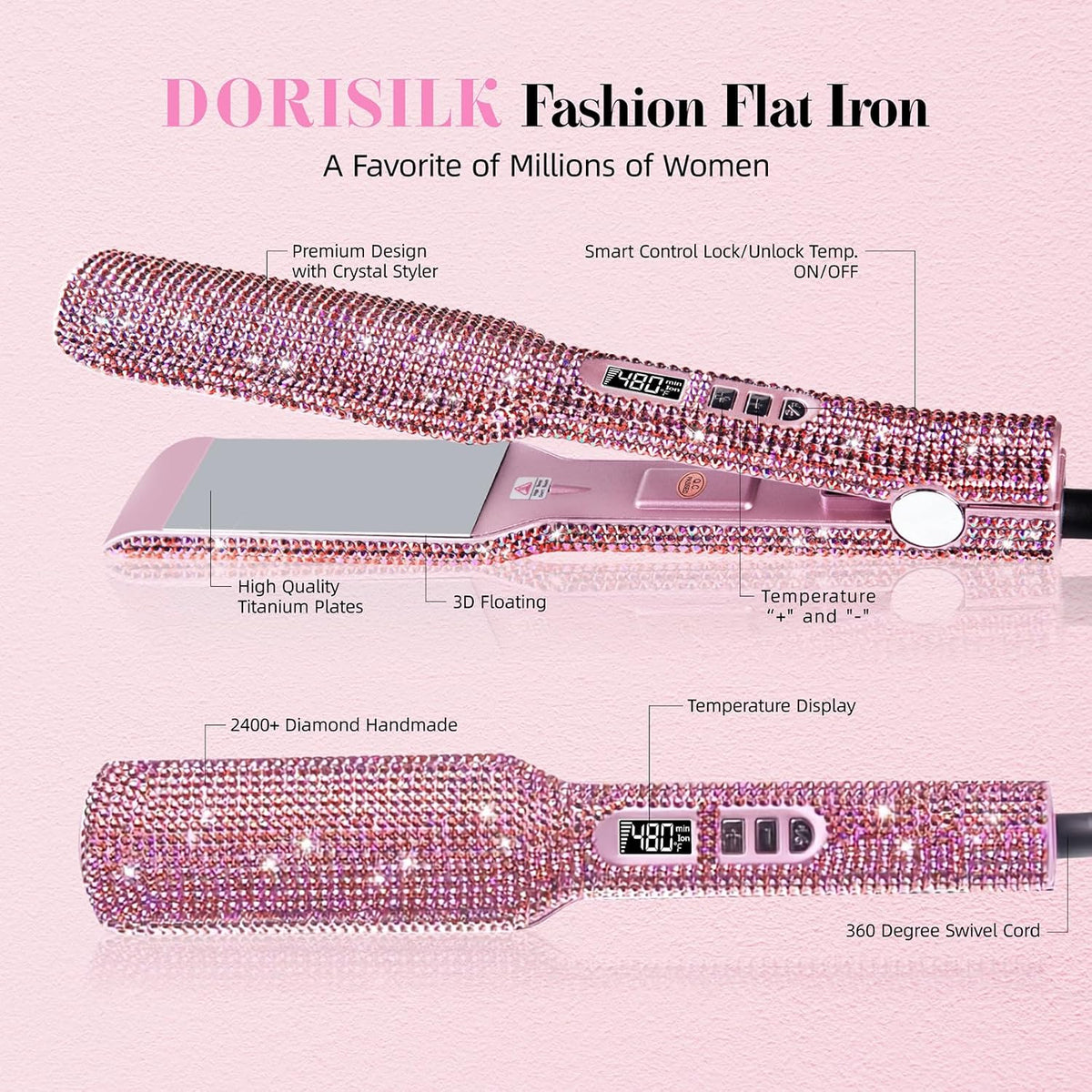 Crystal Diamond Professional Hair Straightener, 2 Inch Titanium Flat Iron Bling Rhinestone Straightening Iron Curling 2 in 1, Salon High Heat 480 °F, Instant Heat Up, Dual Voltage, Rose Pink