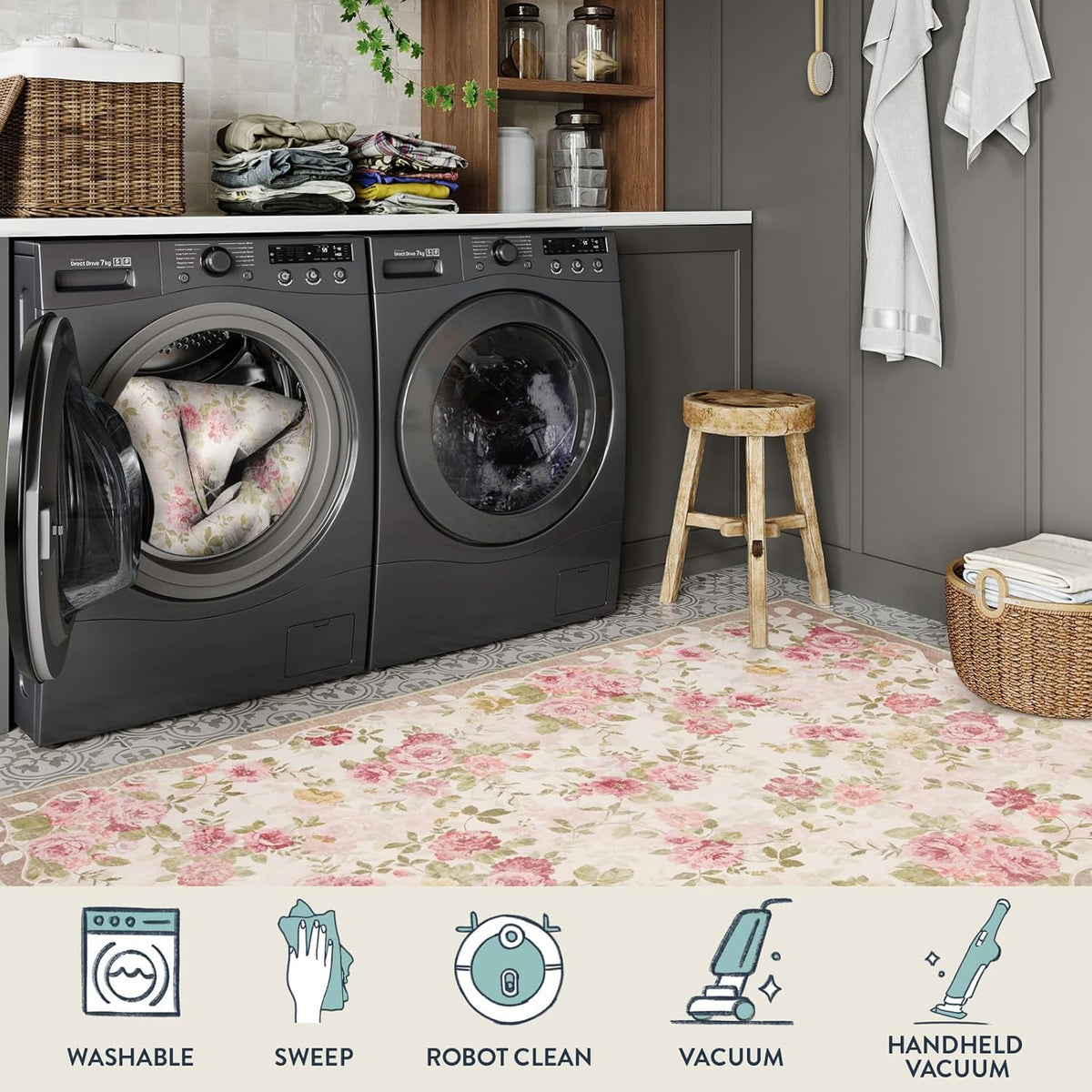 Floral Washable 3x5 Rug, Small Girls Rugs for Bedroom Soft Non-Slip