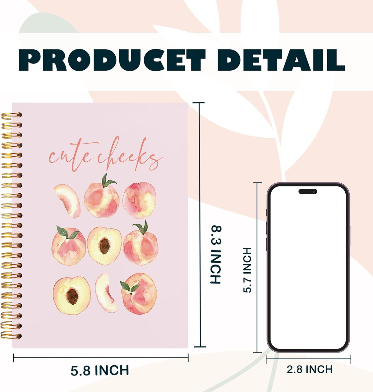 Cute Peach Notebook, Preppy Pink Peach Journal, Summer Fruit Lover Gifts Spiral Notebook Journal for Note Taking, Pink Office Supplies, 5.5x8.3 Inch