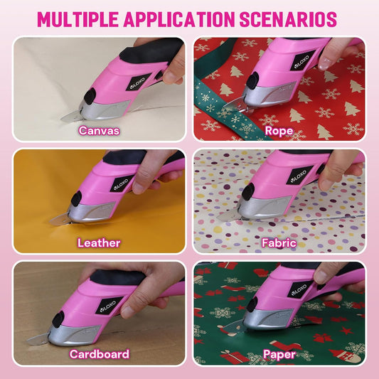 Cordless Electric Scissors Cardboard Cutter with 2 Type Blades Rechargeable Powerful Shears Cutting Tool for Fabric Electric Box Cutter Leather Felt with Charger & Storage Box-Pink