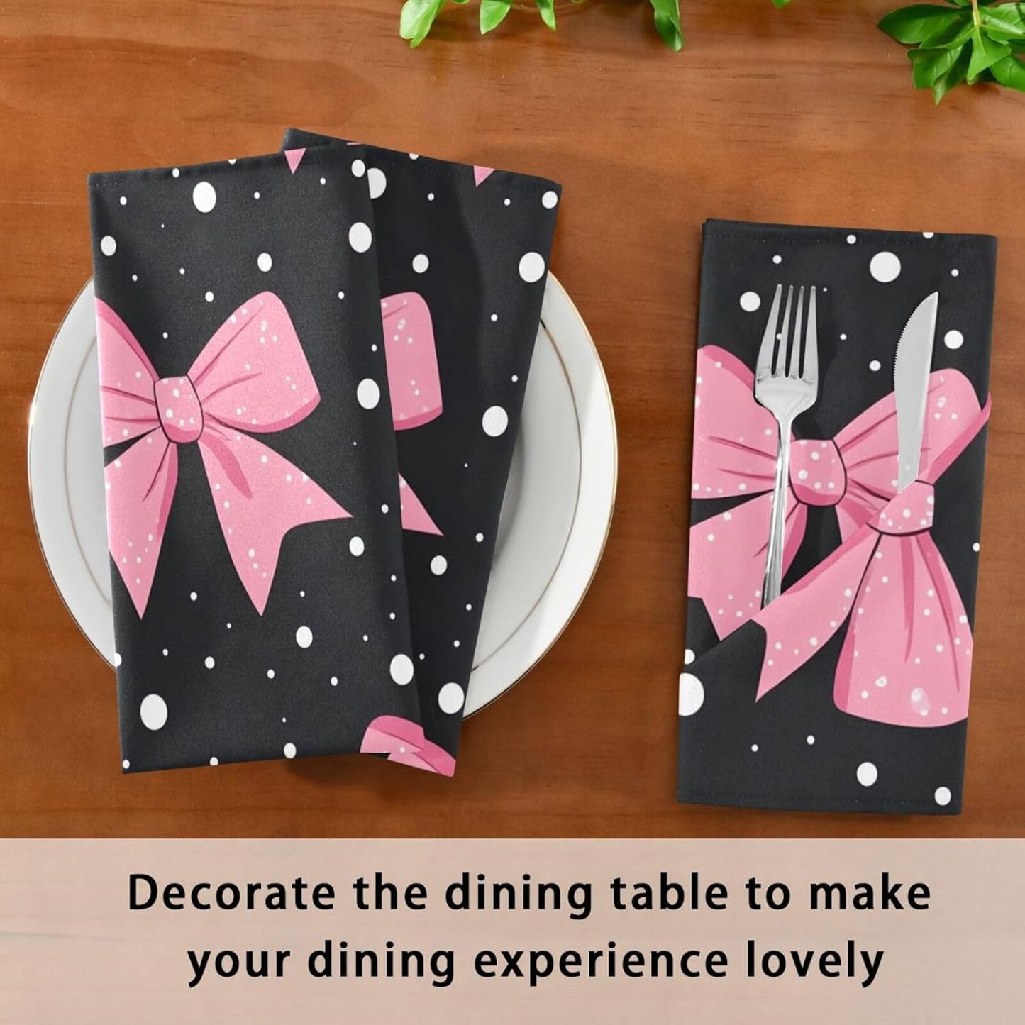 YETTASBIN Pink Bows Dot Cloth Napkins Set of 1, Reusable Washable Oversized Table Napkins for Family Wedding Dinner Party Home Decor, 20 Inch