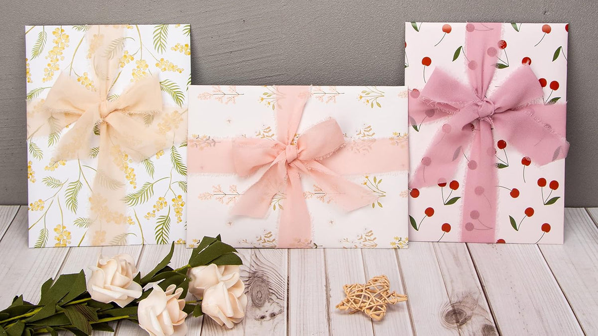 Chiffon Silk Ribbon, 1.5 inch x 30 Yard, Champagne/Blush Pink/Dusty Rose Fringe Chiffon Ribbon for Wedding Invitations, Bridal Bouquets Wrapping, Flower Arrangement Decoration