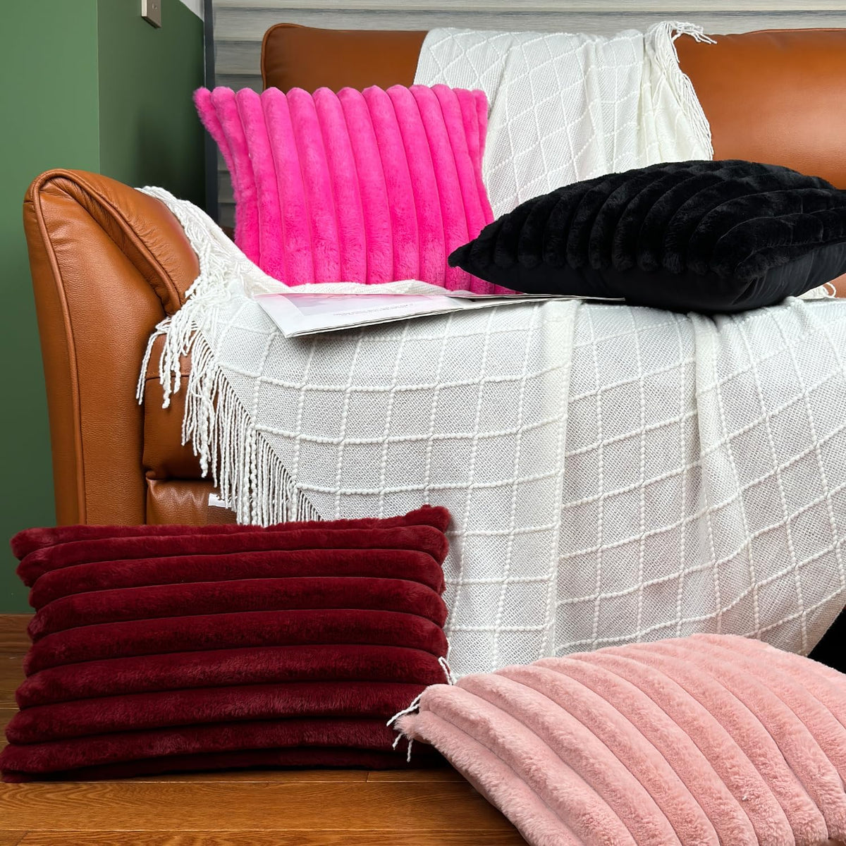 18x18 Decorative Faux Fur Throw Pillow Covers Set of 2- Pink