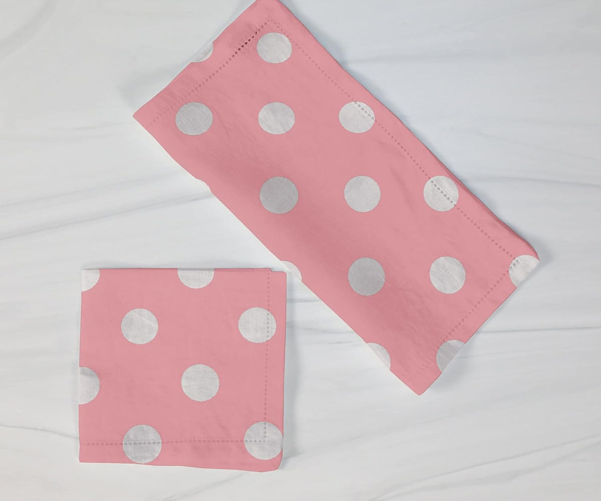 Poly Cotton Polka Dots Print 18"X18" Dinner Napkins for Dinner, Buffet Tables (4, White on Pink)