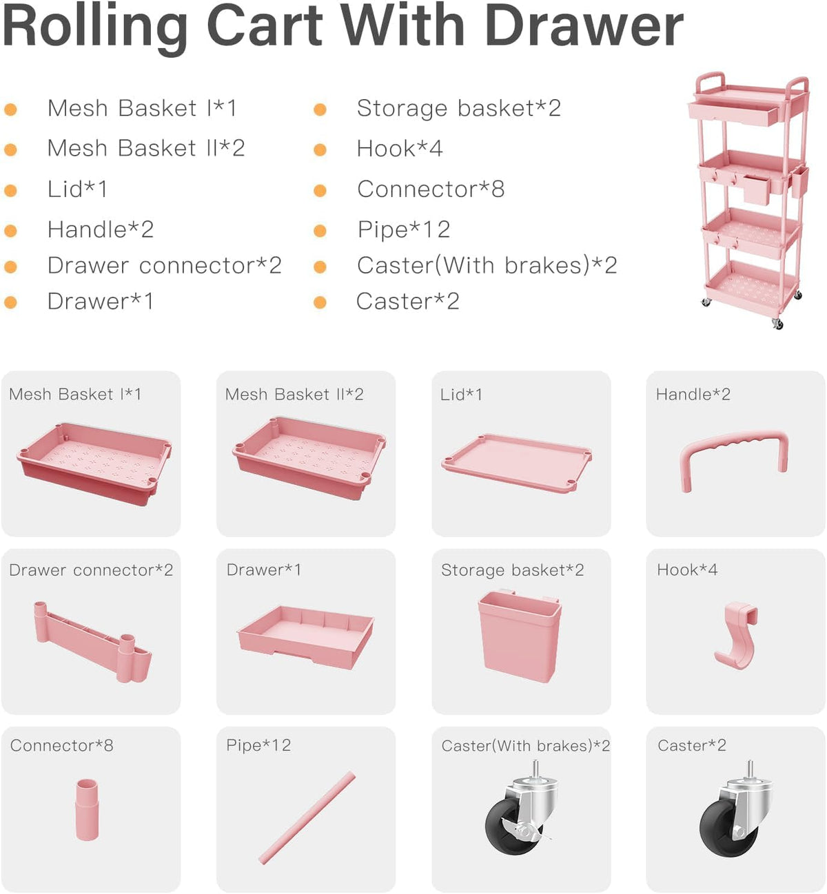 4 Tier Rolling Cart Organizer,Art Craft Diaper Bedside Snack Laundry Room Bathroom Organizer Narrow Thin Slim Rolling Trolley Utility Cart with Wheels for Kitchen,Office(Pink)