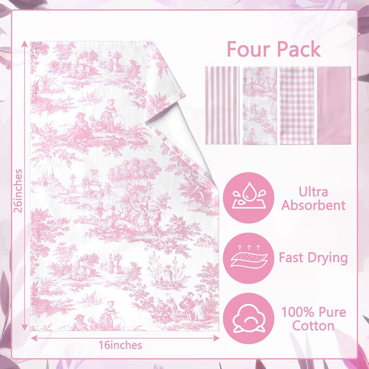 4 Pcs Vintage Floral Kitchen Towels French Pastoral Toile De Jouy Dish Towels 16 x 26 Inch Cotton Chinoiserie Hand Tea Towel for Farmhouse Kitchen Bathroom Housewarming Gift (Pink)