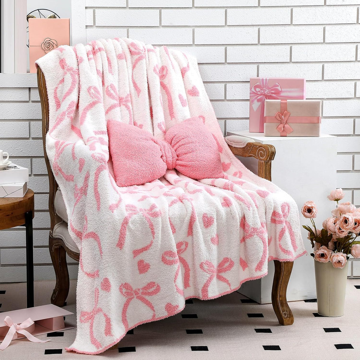 Pink Bow Throw Blanket and Pillow Set Include Coquette Blanket 50 x 60 Inch and Pink Bow Plush Throw Pillows Cushion for Baby Girls Women Gift Couch Sofa Bed Nursery Preppy Room Decorations