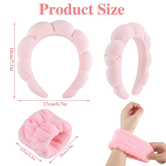 Pink Sponge Spa Headband Set With Wristbands for Face Washing