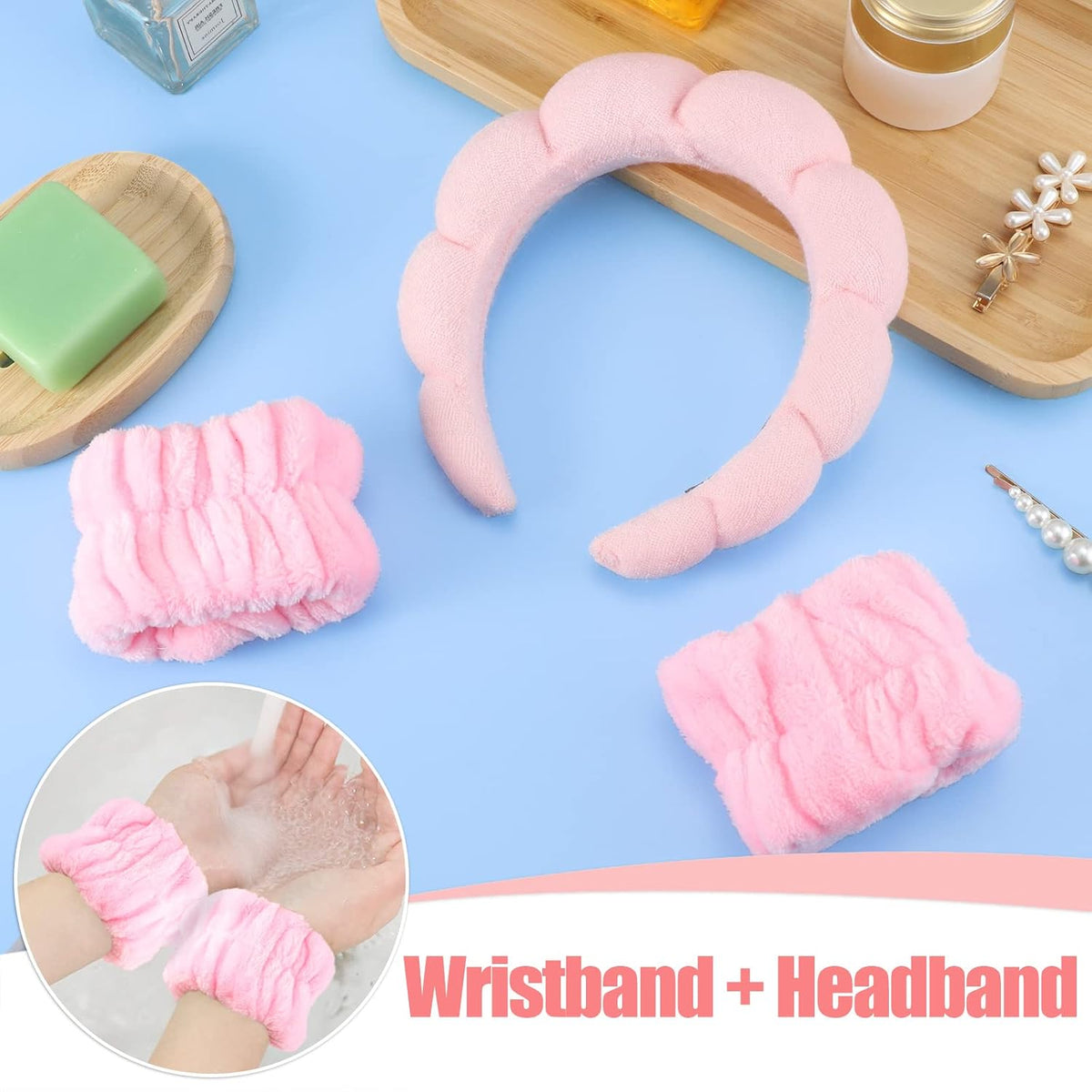 Pink Sponge Spa Headband Set With Wristbands for Face Washing