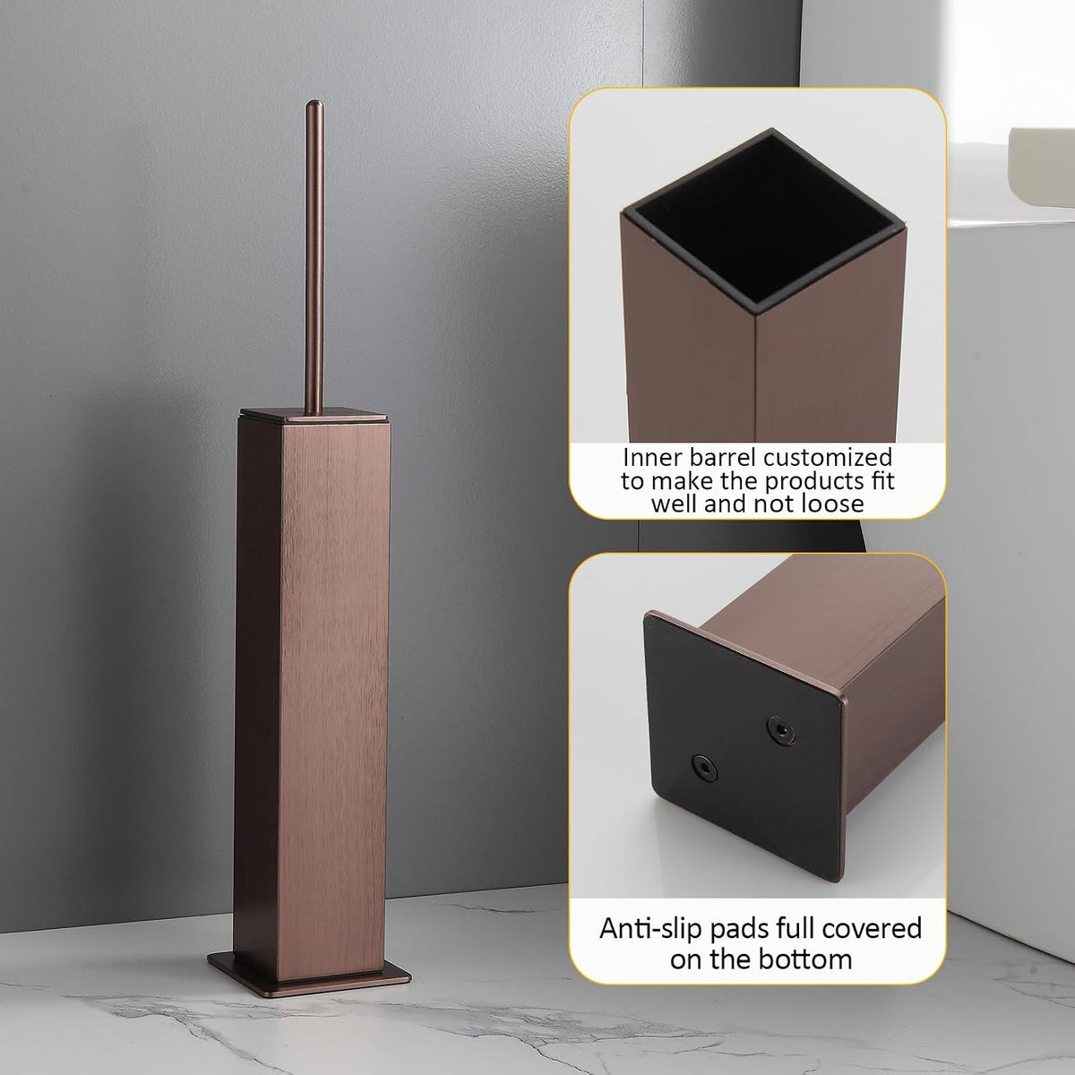 Toilet Brush and Holder Floor Standing, Brushed Rose Gold with 2 Replaceable Heads,Freestanding Toilet Bowl Brush with Removable Liner and Splash Guard, Modern Square Design