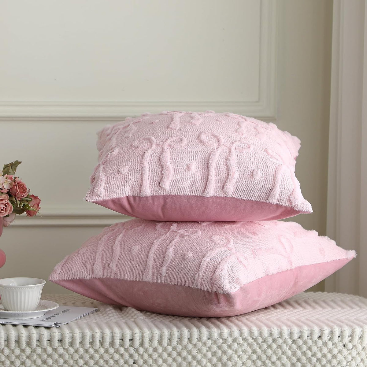 Set of 2 Pink Bow Throw Pillow Covers 18x18, Decorative Pillowcases
